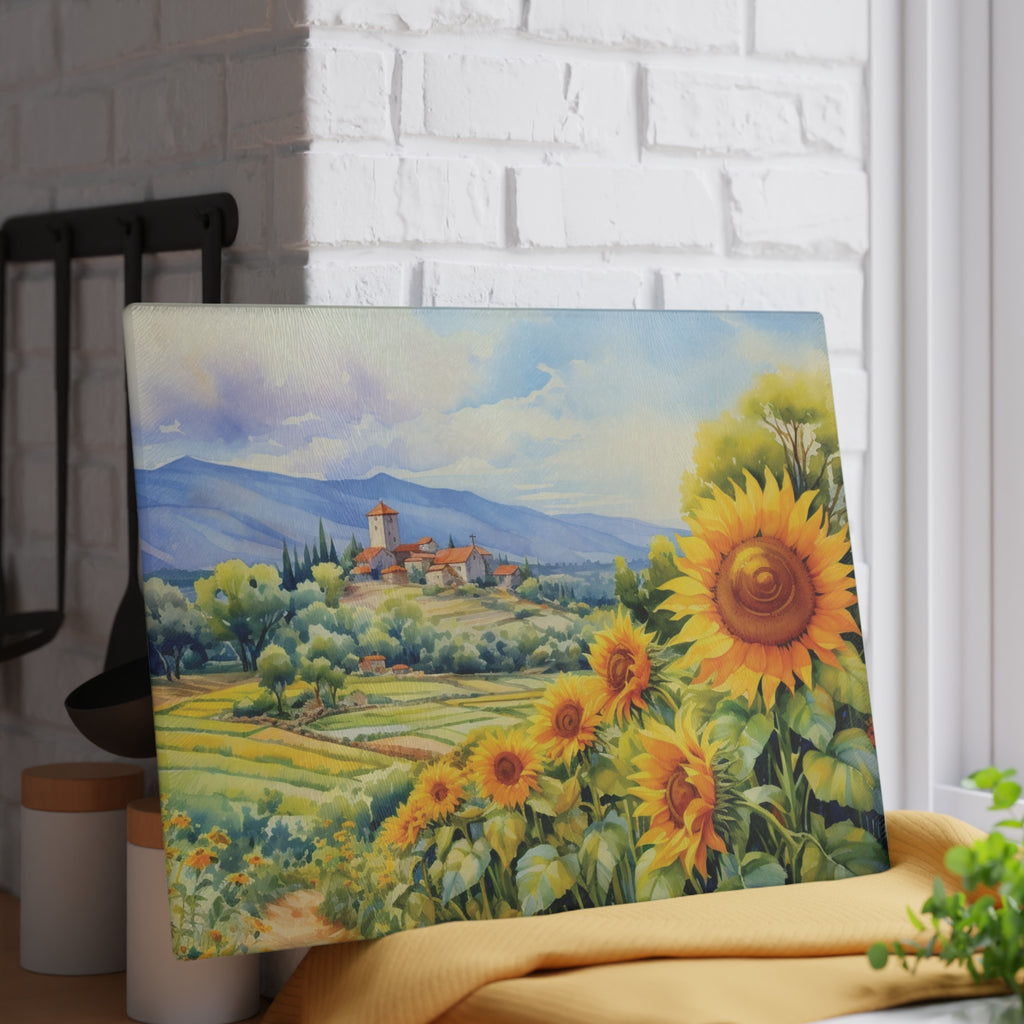 Country Sunflower Field Glass Cutting Board