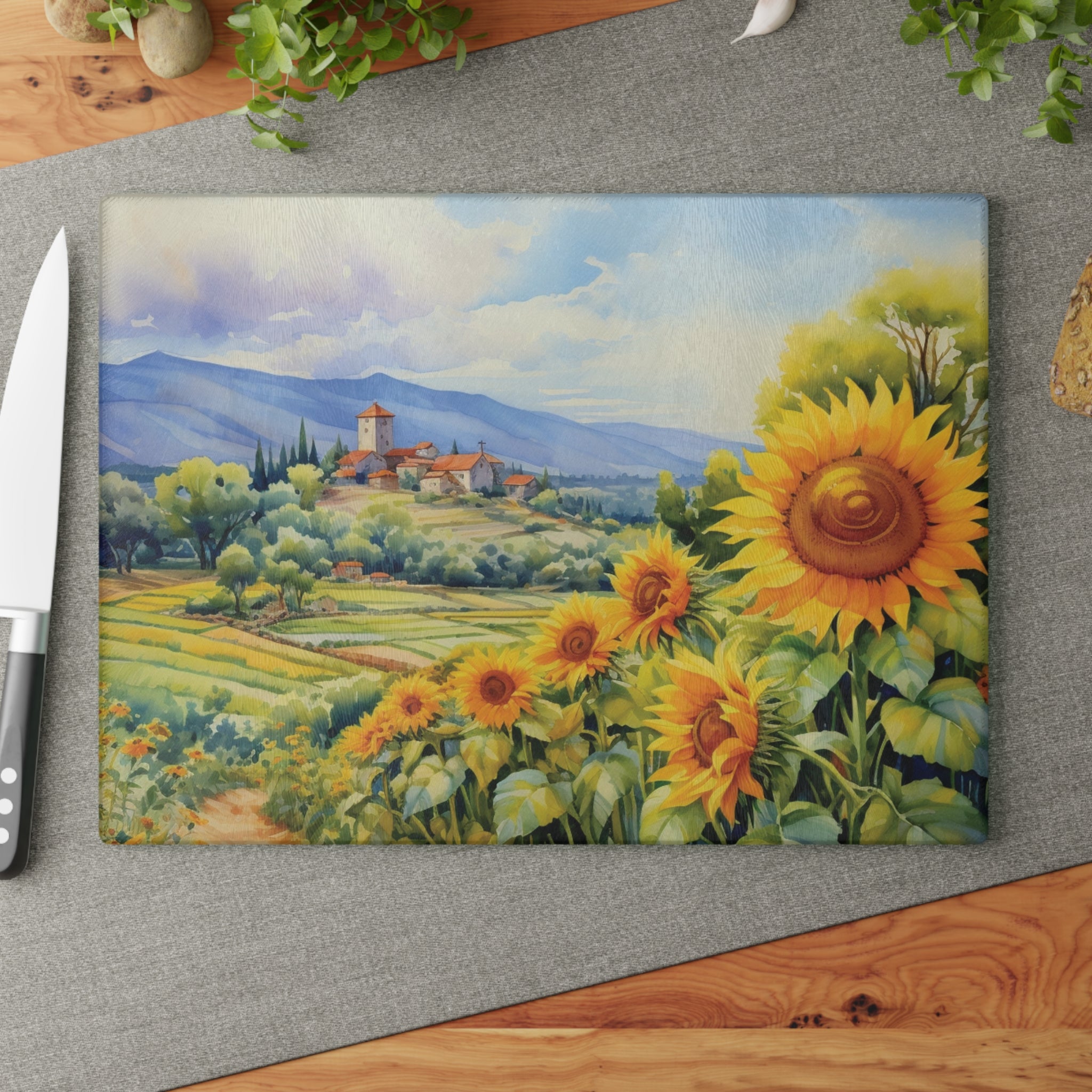 Country Sunflower Field Glass Cutting Board