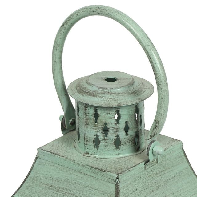 Noble House Montville Mango Wood Handcrafted Decorative Lantern, White and Green Patina
