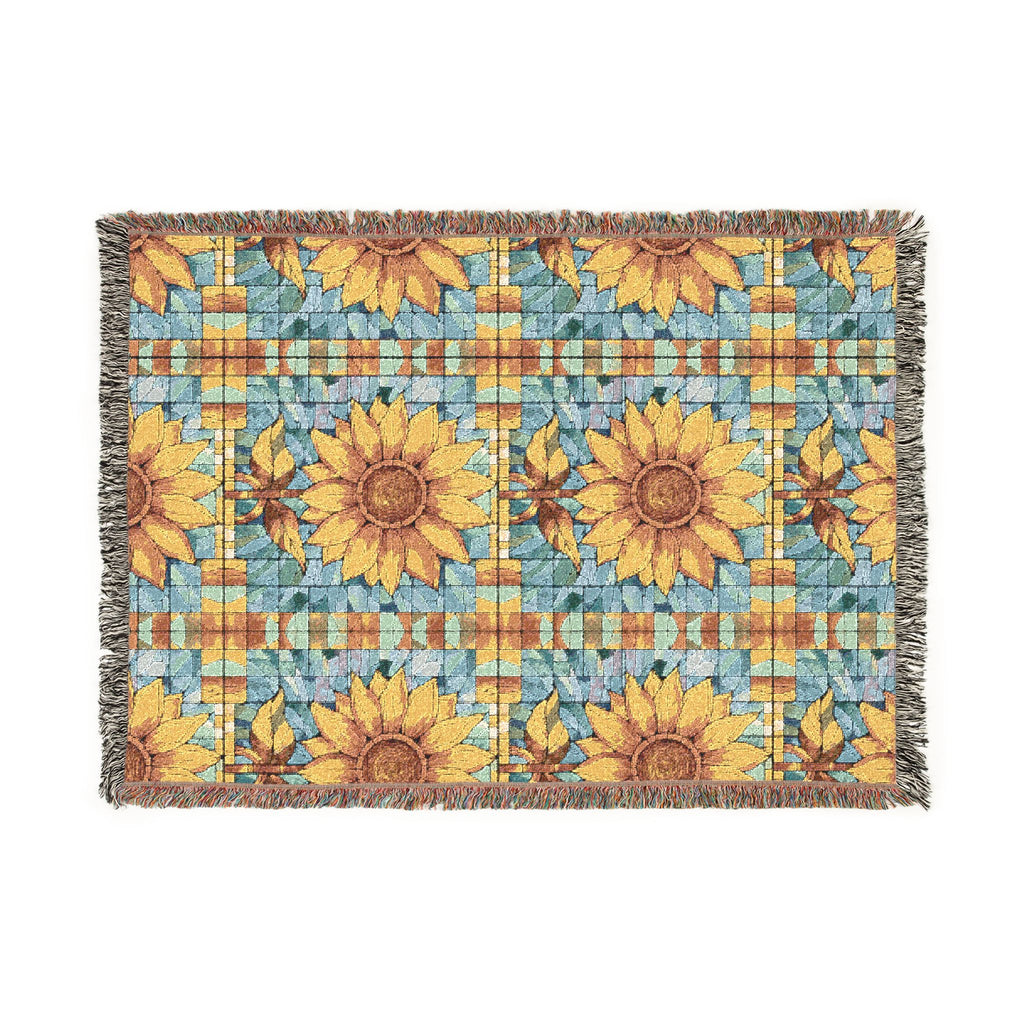 Sunflower Mosaic Woven Blanket with Fringe - Cozy Floral Throw