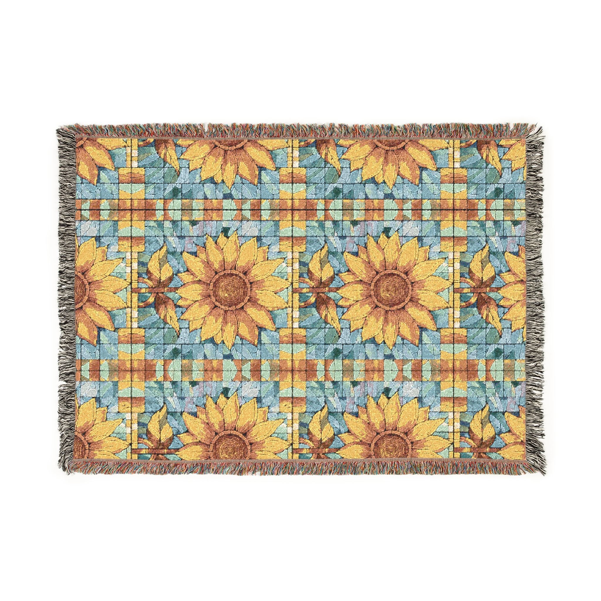 Sunflower Mosaic Woven Blanket with Fringe - Cozy Floral Throw