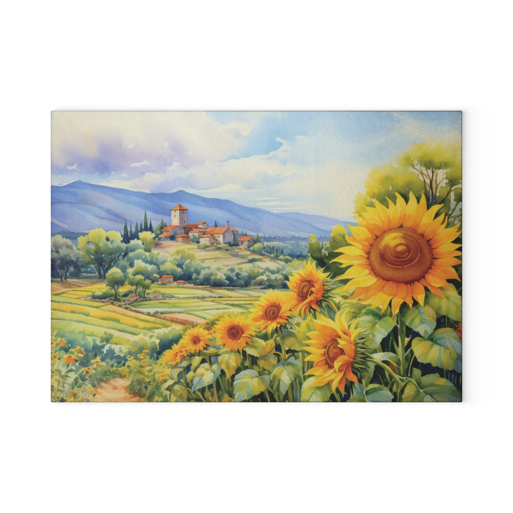 Country Sunflower Field Glass Cutting Board
