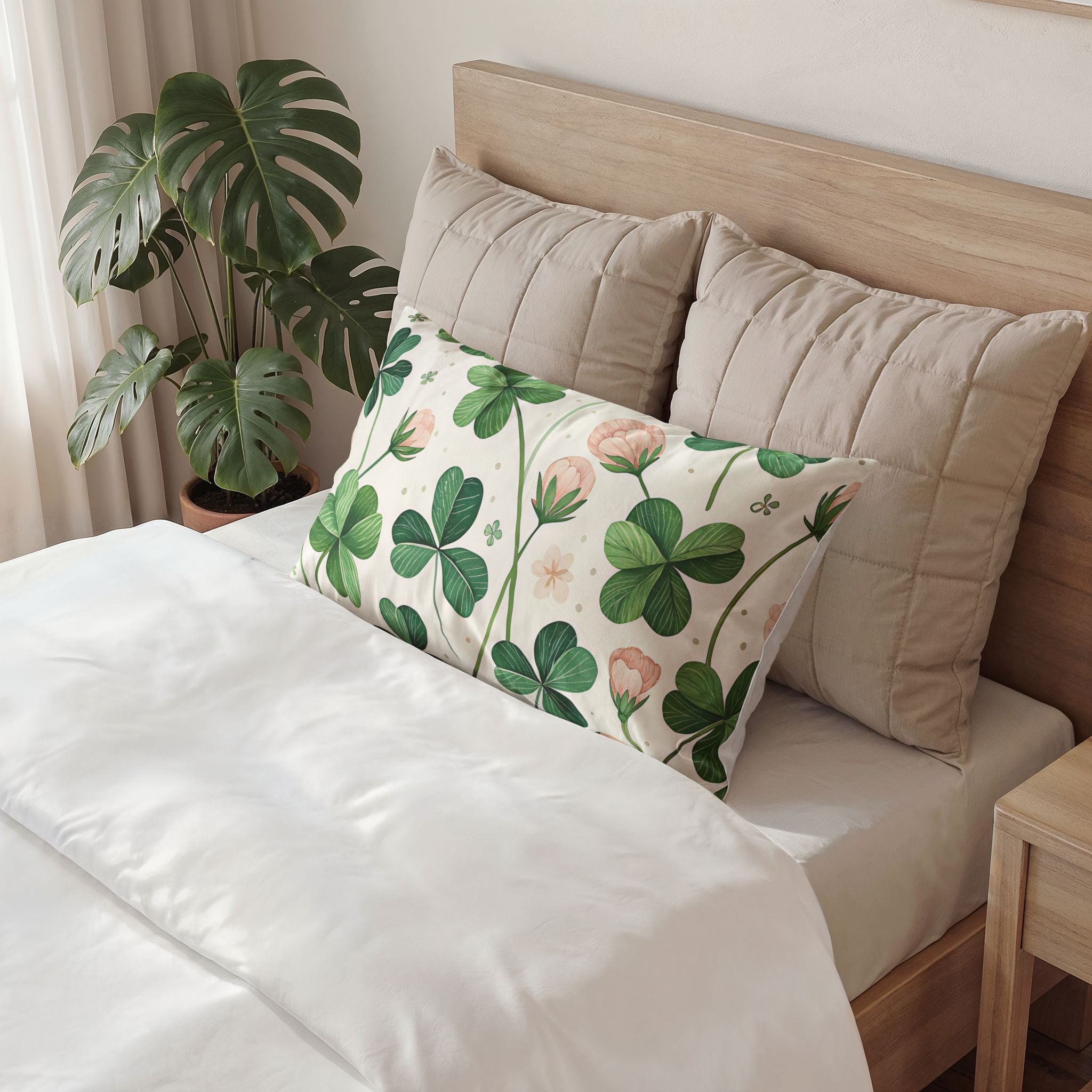 Shamrock & Pink Floral Cotton Pillow Sham — St. Patrick’s Day Spring Decor