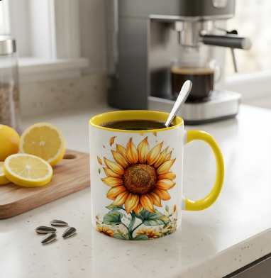 Sunflower Ceramic Coffee Mug — Yellow Interior Accent (11/15oz)