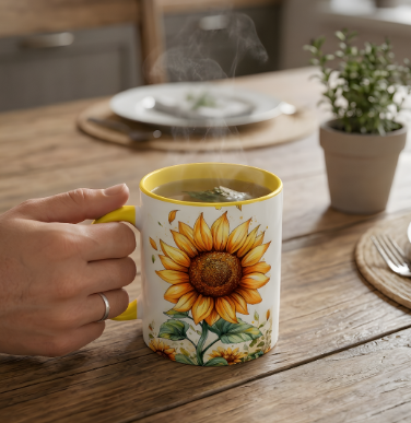 Sunflower Ceramic Coffee Mug — Yellow Interior Accent (11/15oz)