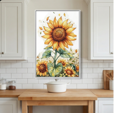 Sunflower Watercolor Matte Framed Canvas Wall Art