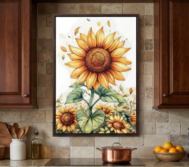 Sunflower Watercolor Matte Framed Canvas Wall Art
