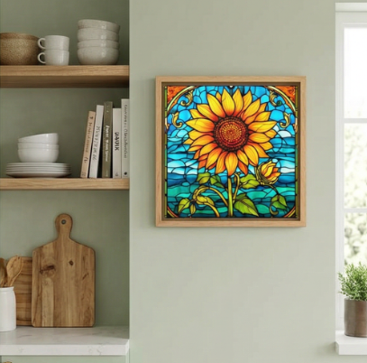 Stained Glass  Design Sunflower Matte Canvas Framed 8x8 Floral Wall Art