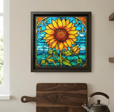 Stained Glass  Design Sunflower Matte Canvas Framed 8x8 Floral Wall Art