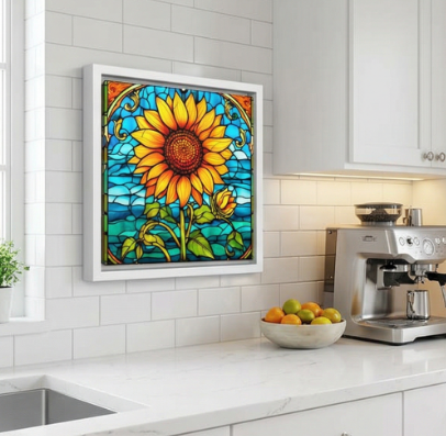Stained Glass  Design Sunflower Matte Canvas Framed 8x8 Floral Wall Art