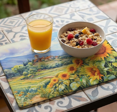 Country Sunflower Field Glass Cutting Board