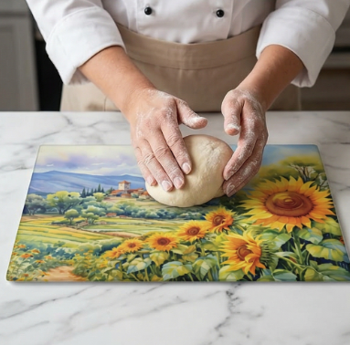 Country Sunflower Field Glass Cutting Board