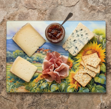 Country Sunflower Field Glass Cutting Board