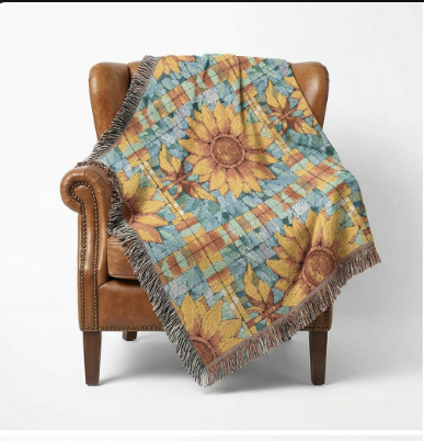 Sunflower Mosaic Woven Blanket with Fringe - Cozy Floral Throw