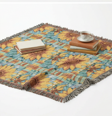 Sunflower Mosaic Woven Blanket with Fringe - Cozy Floral Throw