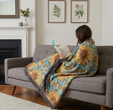 Sunflower Mosaic Woven Blanket with Fringe - Cozy Floral Throw
