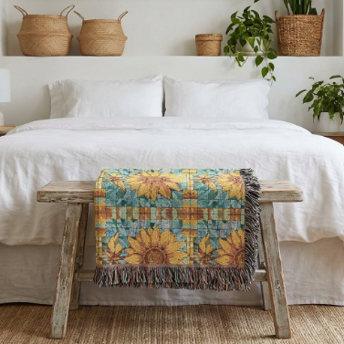 Sunflower Mosaic Woven Blanket with Fringe - Cozy Floral Throw