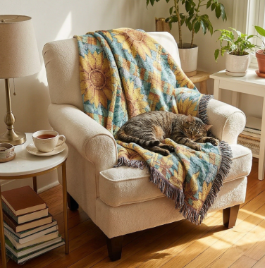 Sunflower Mosaic Woven Blanket with Fringe - Cozy Floral Throw