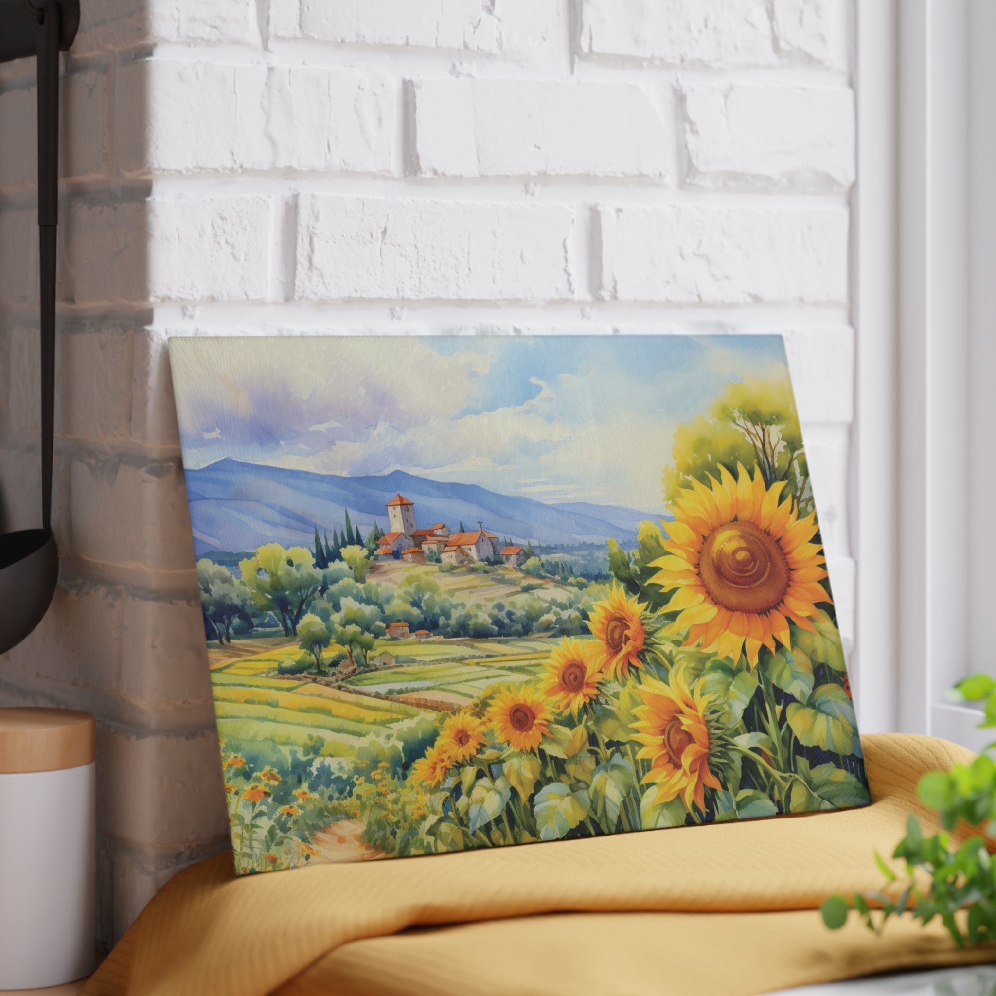 Country Sunflower Field Glass Cutting Board
