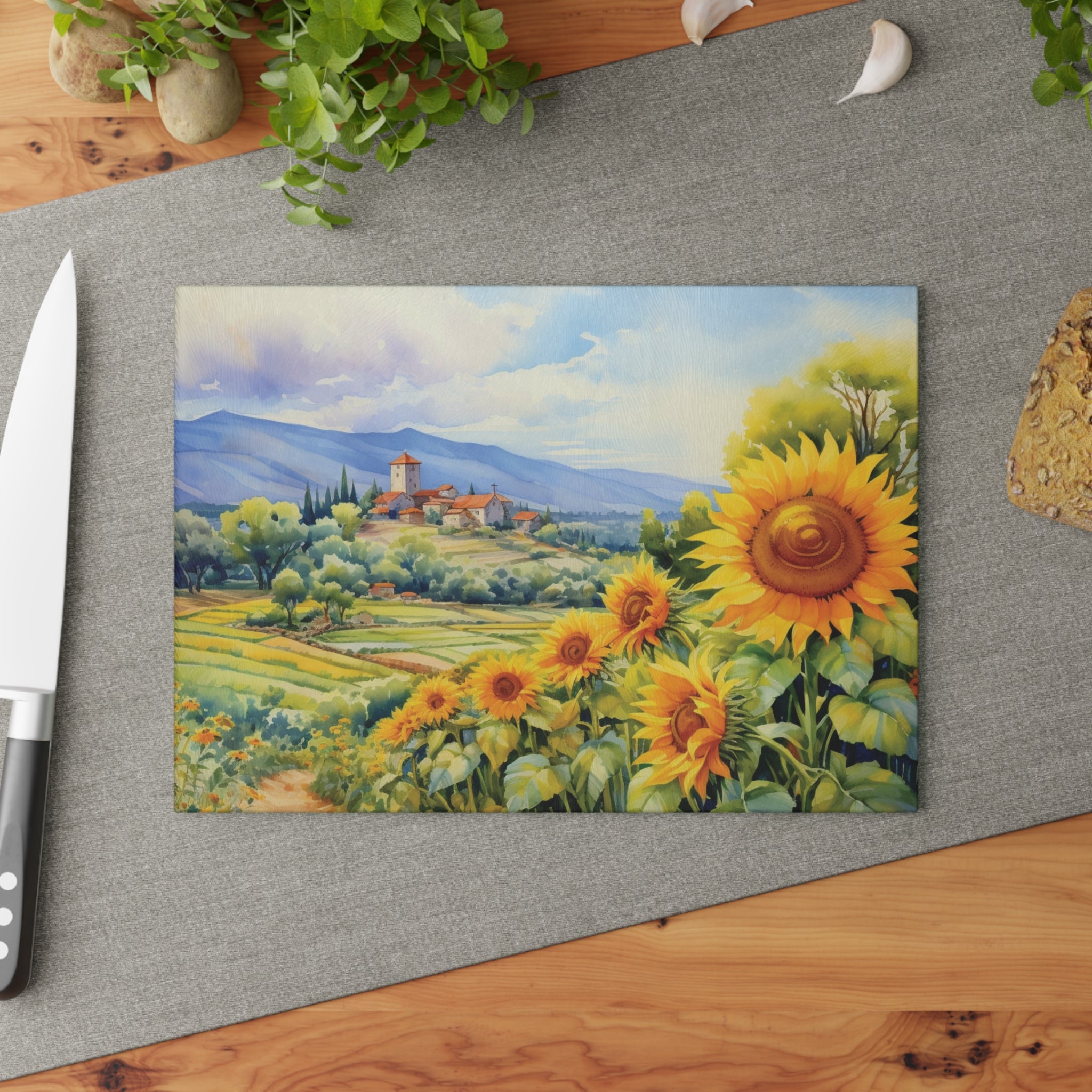 Country Sunflower Field Glass Cutting Board