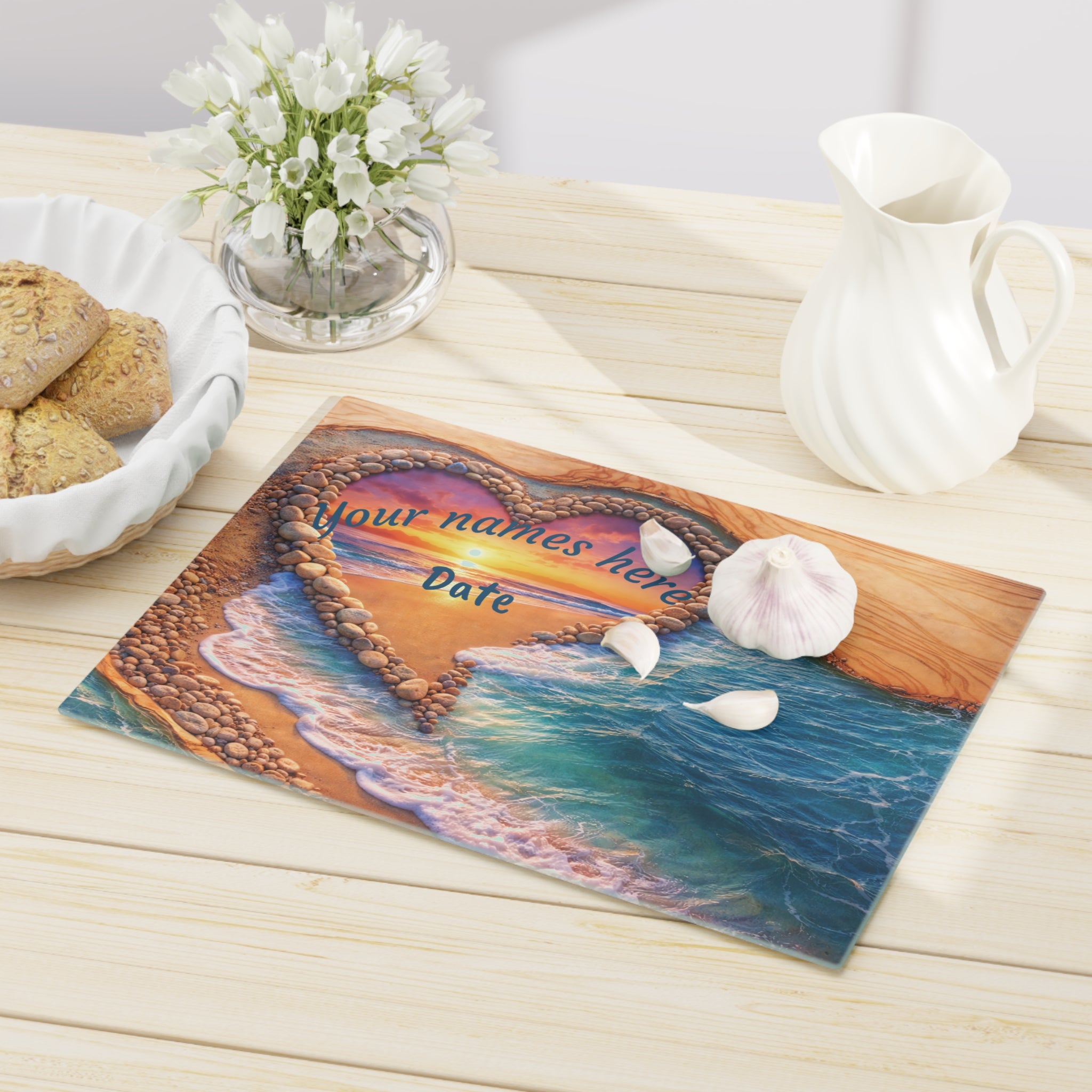 Cozy Coastal Surf and Sand Tempered Glass Cutting Board - Heart Design