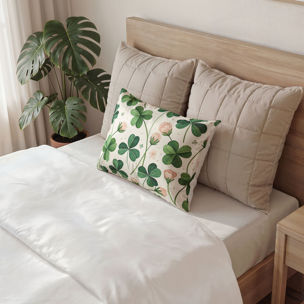Shamrock & Pink Floral Cotton Pillow Sham — St. Patrick’s Day Spring Decor