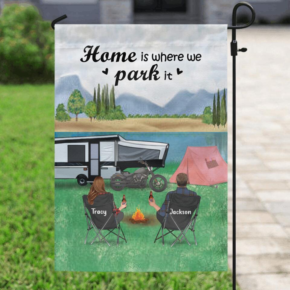Personalized Camping Garden Flag - Couple/Parents with up to 4 Kids and 2 Pets - Gift For Father's Day from Wife to Husband - Home is where we park it