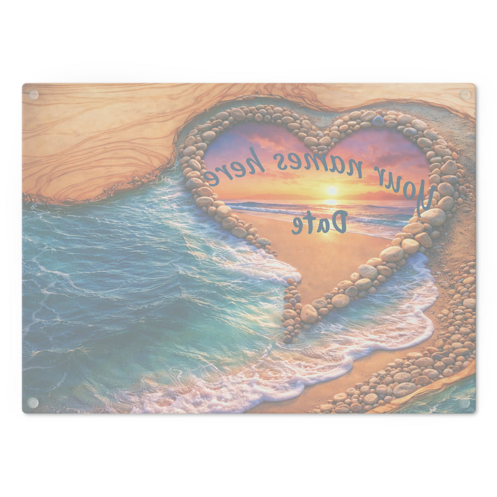 Cozy Coastal Surf and Sand Tempered Glass Cutting Board - Heart Design