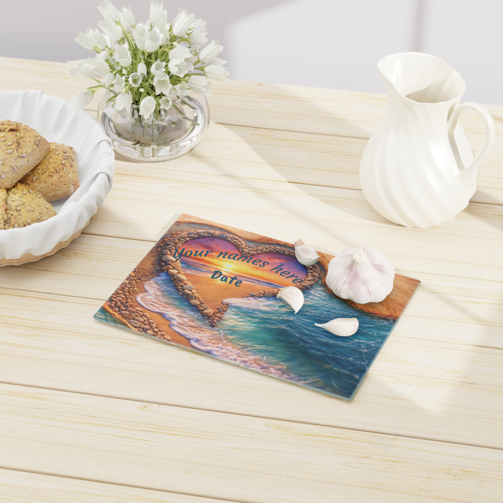 Cozy Coastal Surf and Sand Tempered Glass Cutting Board - Heart Design