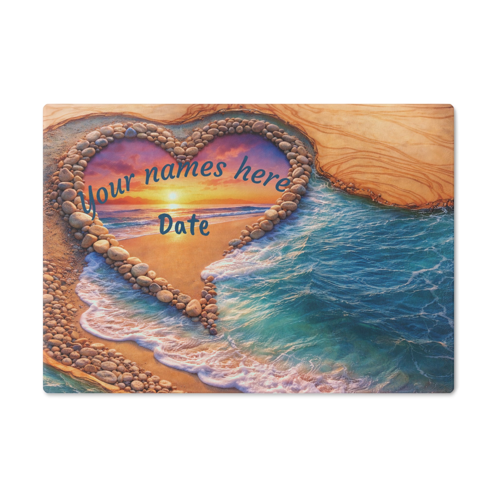 Cozy Coastal Surf and Sand Tempered Glass Cutting Board - Heart Design
