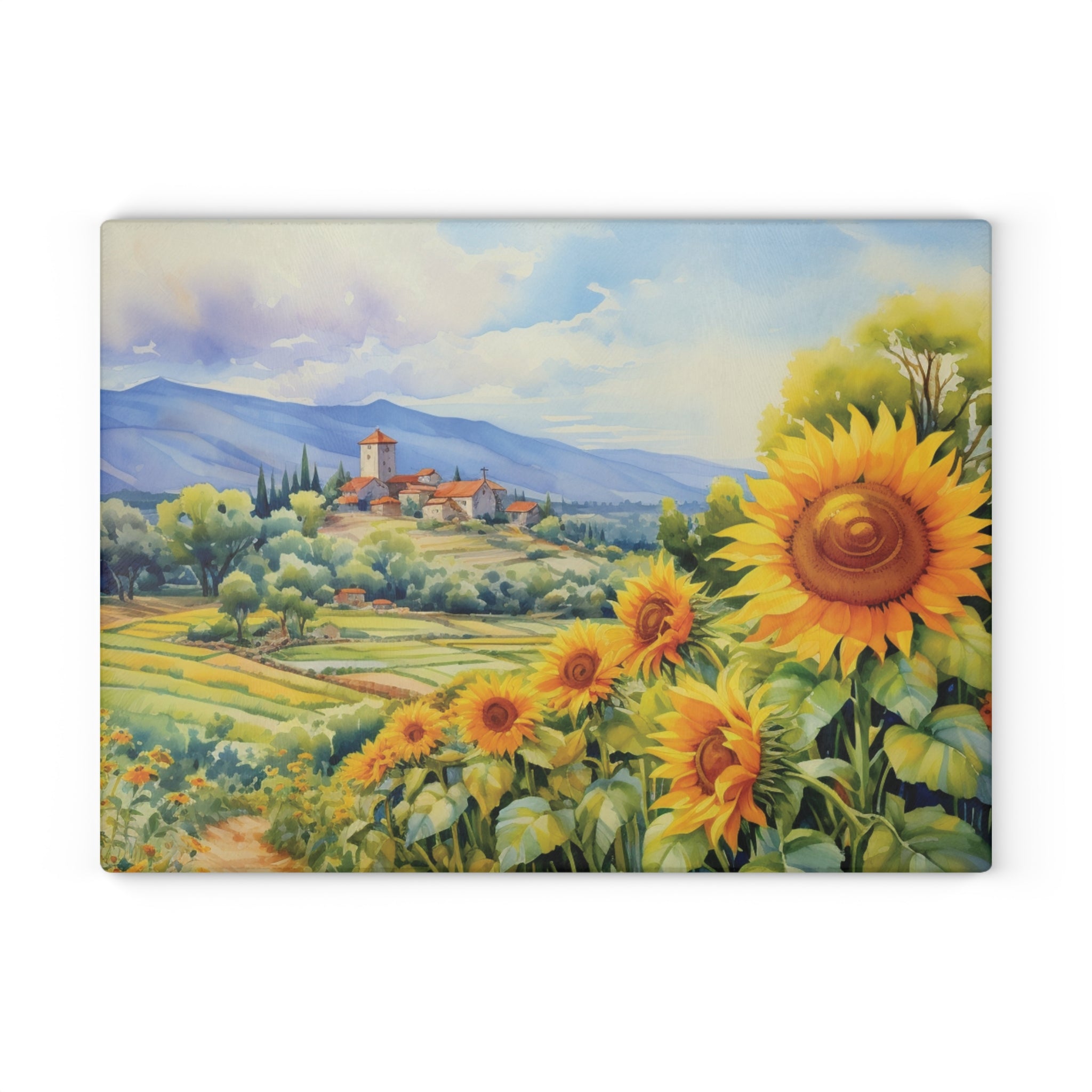 Country Sunflower Field Glass Cutting Board