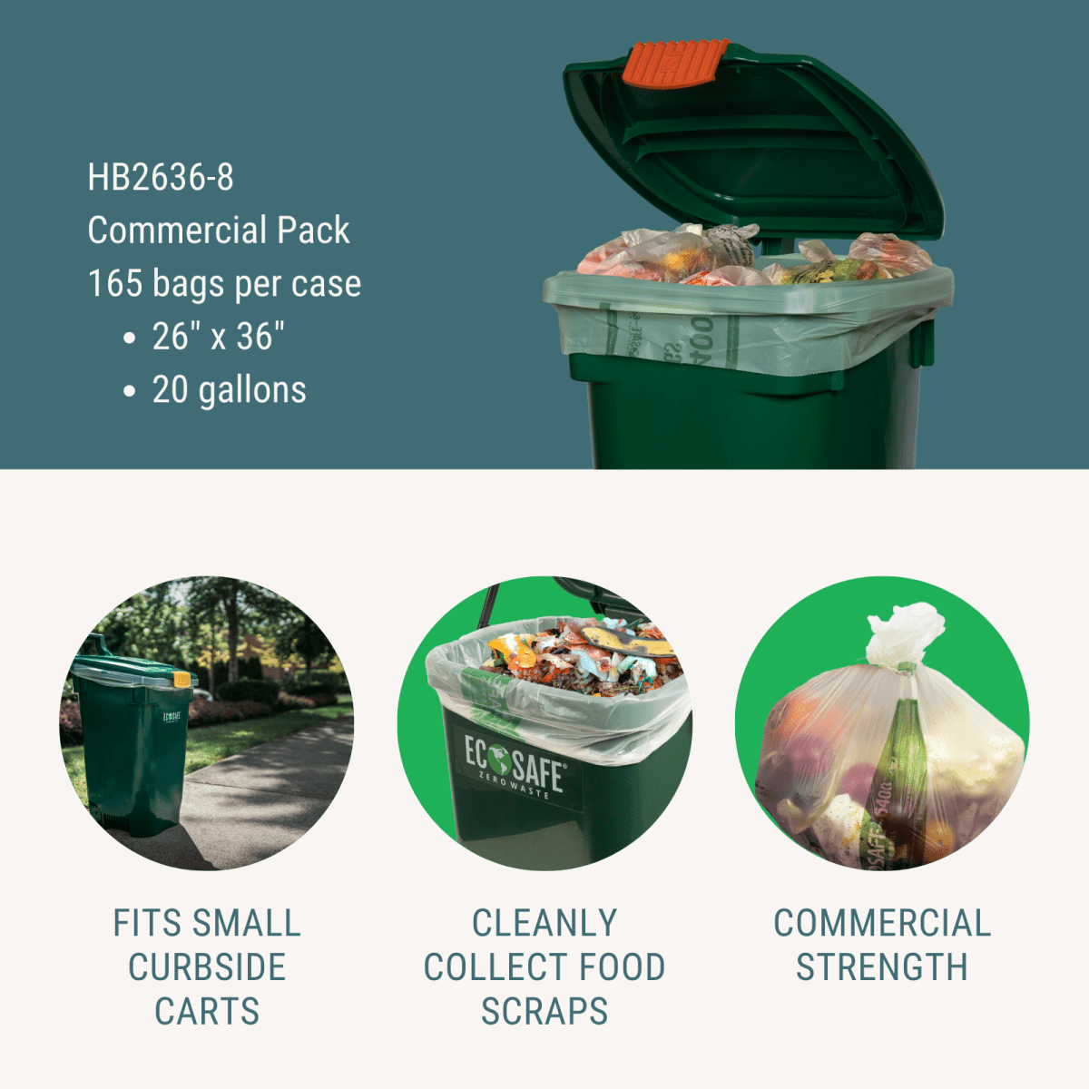 EcoSafe Zero Waste Compostable Bags 20 Gallon 26x36 for Curbside Composting (QTY 165), SKU HB2636-8