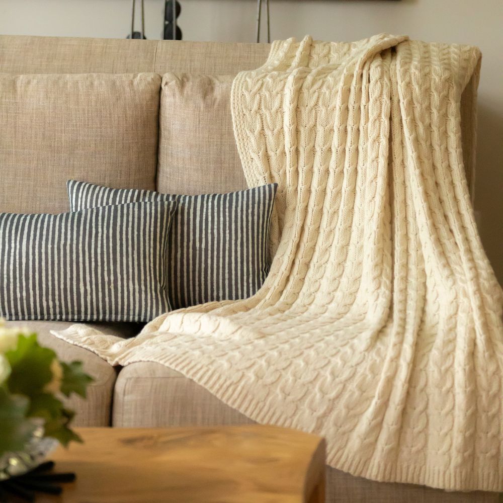 Muru Collection - Handloomed Peruvian Pima Cotton & Undyed Baby Alpaca Ivory Cable Throw Blanket From Peru