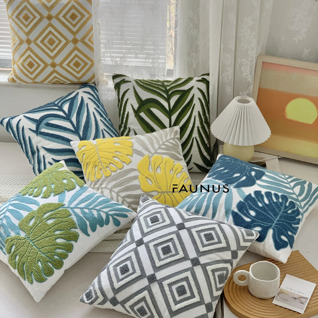 DecorBites™ Leaf Embroidered Cotton Cushion Cover Set - Home Decor Pillow Covers 45x45