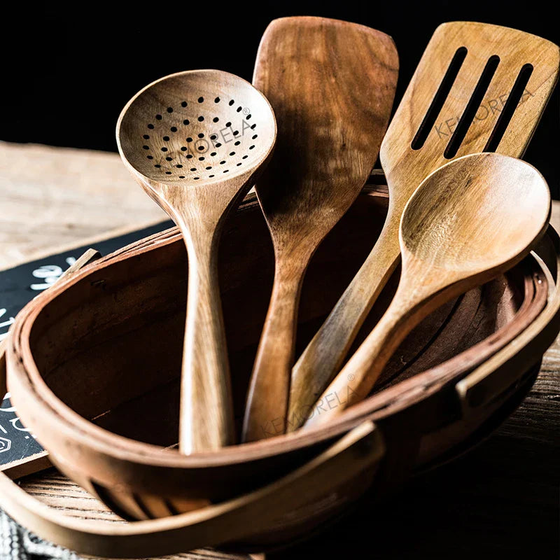 DecorBites™ 9-Piece Wooden Cooking Utensils Set with Holder - Teak Kitchen Tools