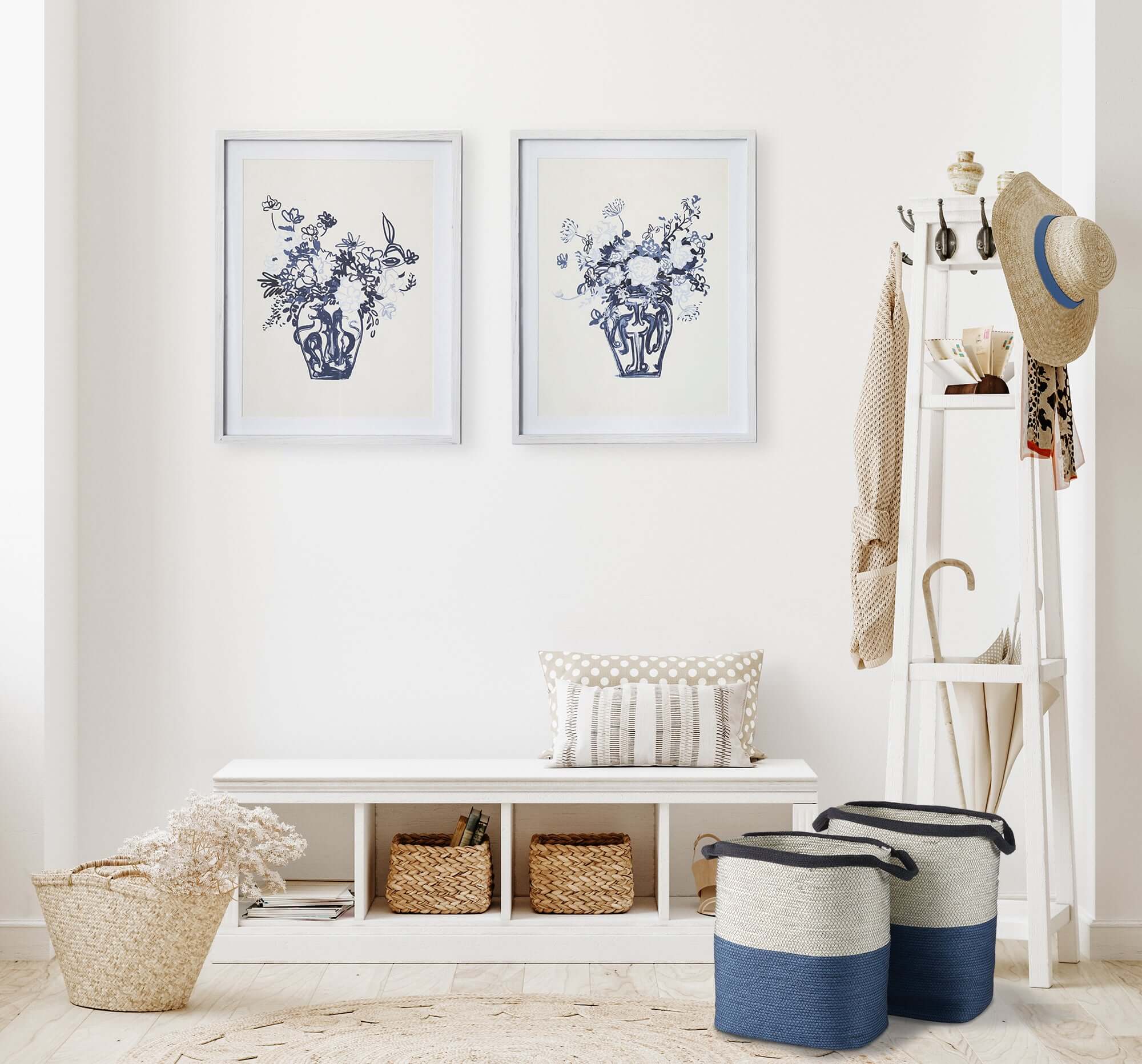 Coastal Blue and Natural Woven Storage Baskets with Handles (Set of 2)