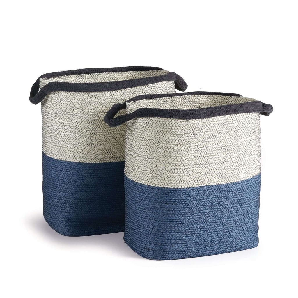 Coastal Blue and Natural Woven Storage Baskets with Handles (Set of 2)