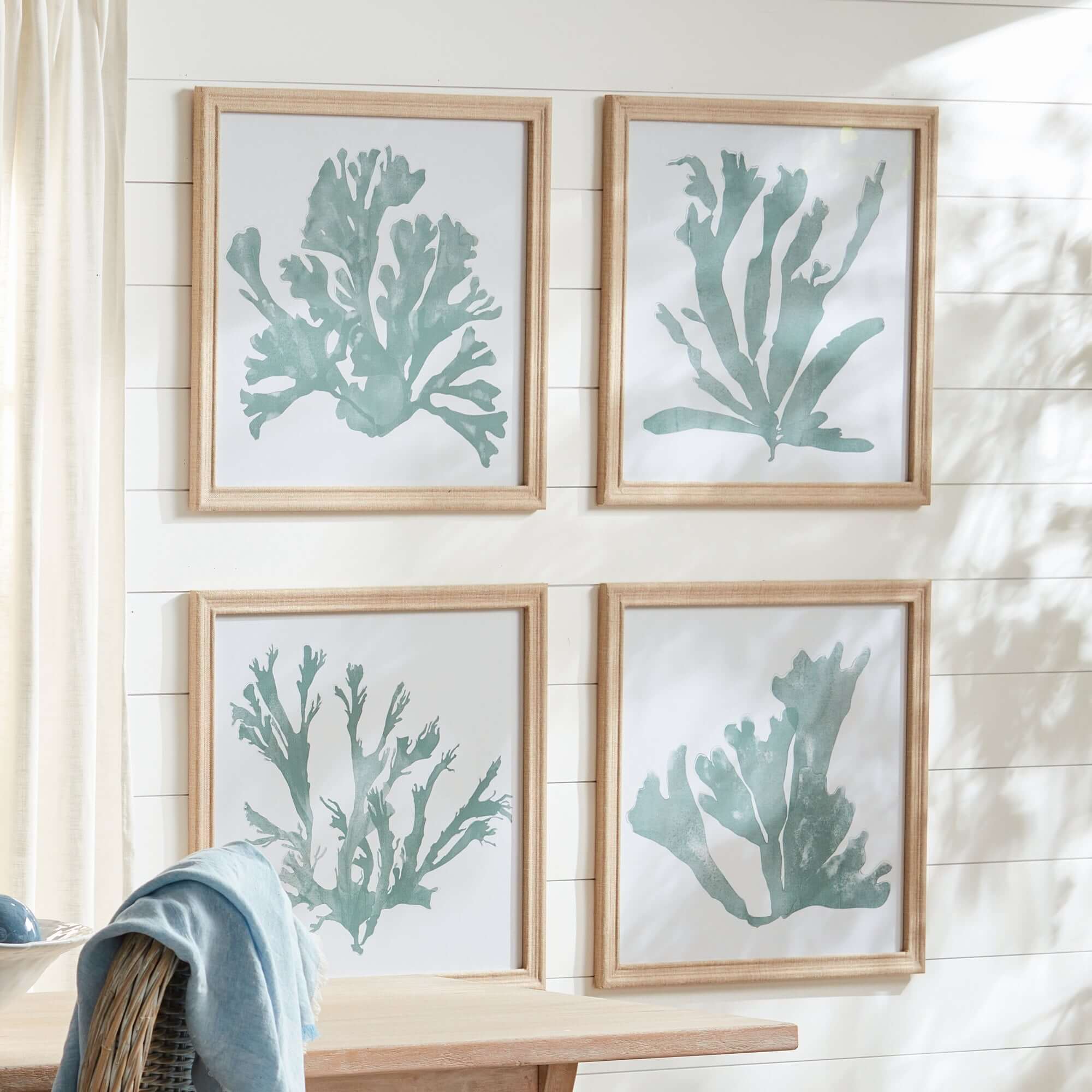 Coastal Framed Coral Silhouette Prints in Natural Wood Frames (Set of 4)