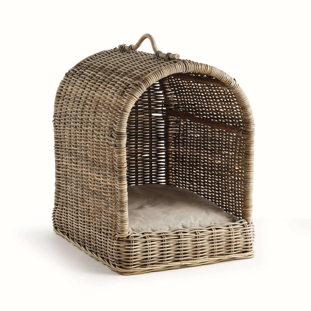 Handwoven Rattan Canopy Dog Bed with Cushion